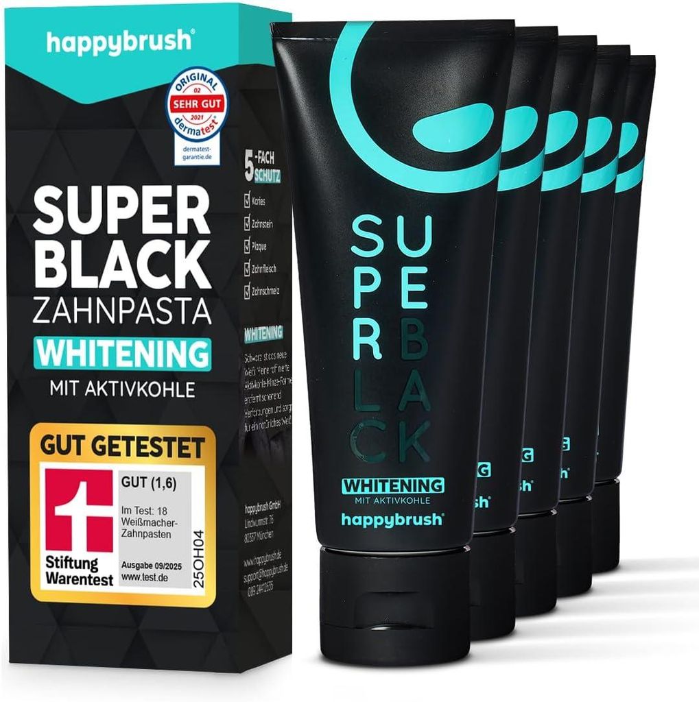 happybrush Vegane Aktivkohle Zahnpasta SuperBlack mit Minze Geschmack 5er Pack - Schwarze Zahnpasta für weisse Zähne und Zahnaufhellung