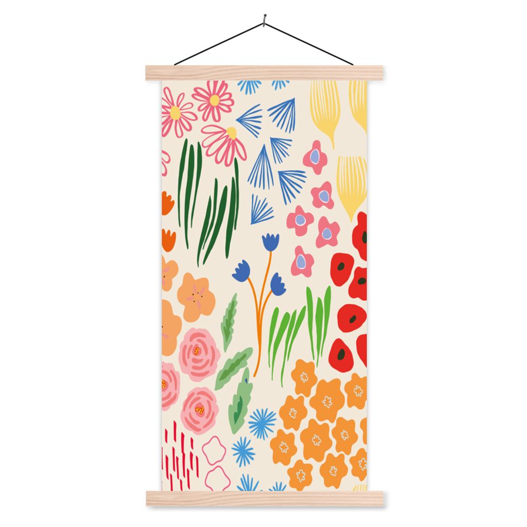 MuchoWow Textilposter Blumen - Muster - Feldblumen 40x80 cm mit holzfarbenen Rahmen - Wohnzimmer