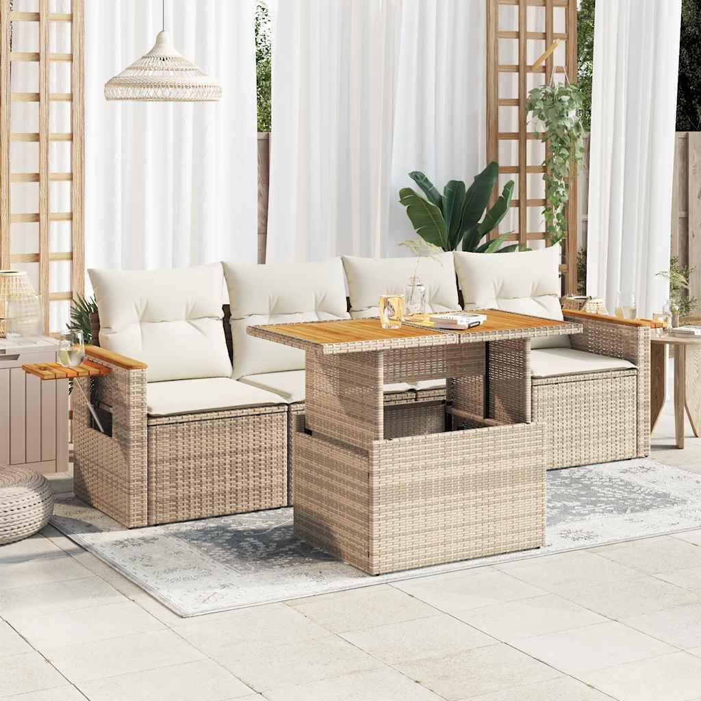 Maison Exclusive - 5-tlg. Garten-Sofagarnitur mit Kissen Beige Poly Rattan Akazie