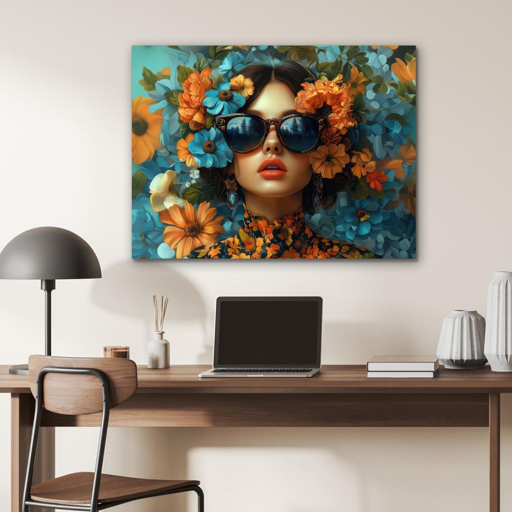MuchoWow Wanddekoration Metall Metallbild Wandkunst 80x60 cm Frau - Blumen - Orange - Blau - Modern MuchoWow Aluminium Gemälde - Alubild