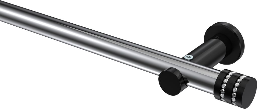 Interdeco Gardinenstange / Vorhangstange Chrom / Schwarz, Typ Platon Estana (Glitzerkappe) ohne Ringe, 20 mm Ø 1-läufig, 540 cm