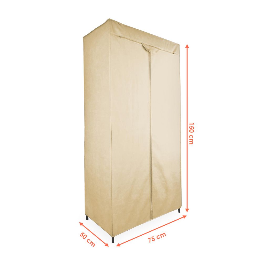 Stoff Kleiderschrank beige - 150 x 75 cm - Mobiler Schrank mit Kleiderstange