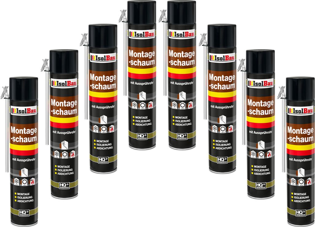 Isolbau 8 x 750 ml Montageschaum mit Aussprührohr - PolyurethanBauschaum für Montage, Isolierung, Abdichtung, Innen & außen