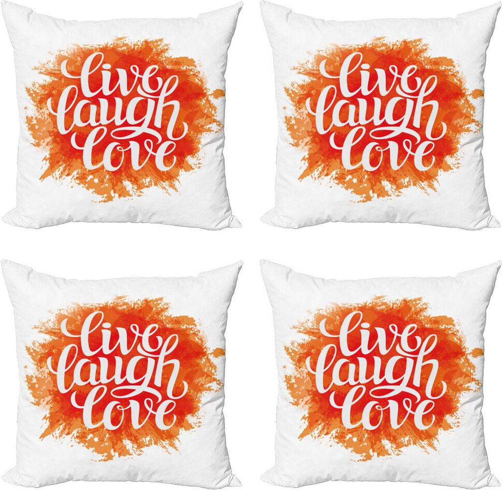 ABAKUHAUS Lebe lache Liebe Kissenbezug Set (4 Stück), Fröhlich Phrase, Moderner Doppelseitiger Digitaldruck, 40 cm x 40 cm, Orange Weiss