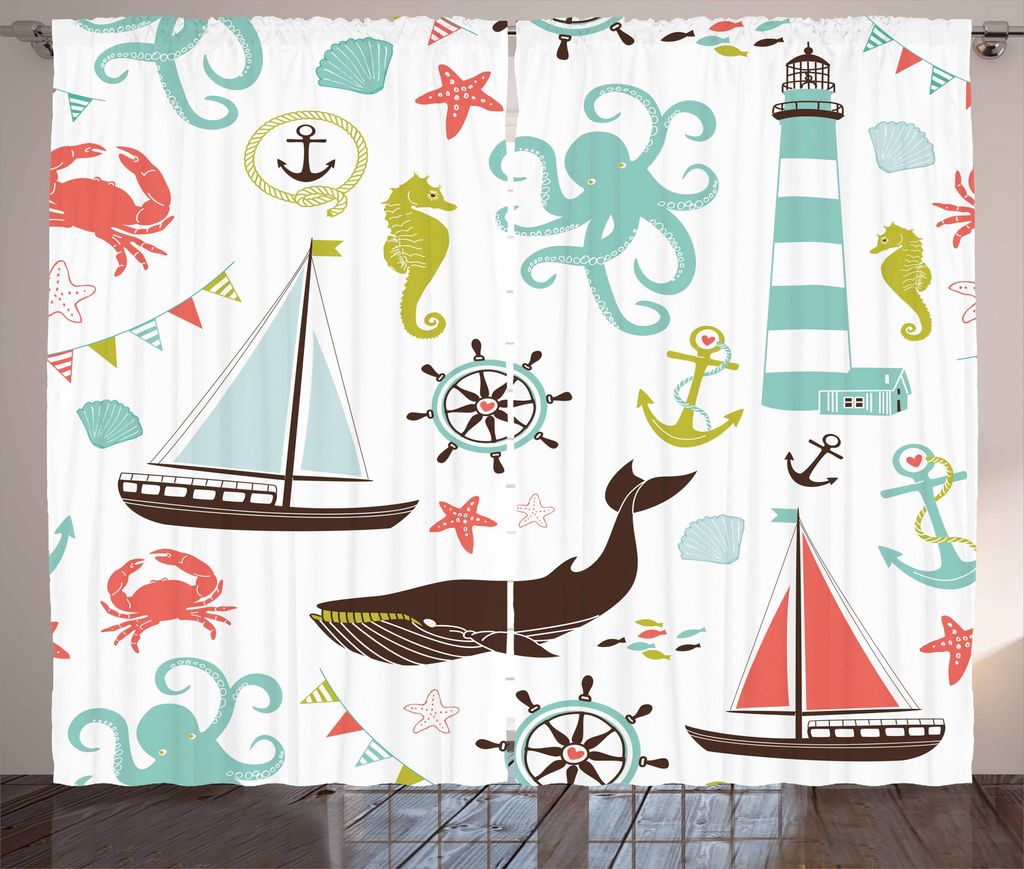 ABAKUHAUS Nautisch Rustikaler Gardine, Pastell Marine-Elemente, Schlafzimmer Kräuselband Vorhang mit Schlaufen und Haken, 280 x 175 cm, Mehrfarbig