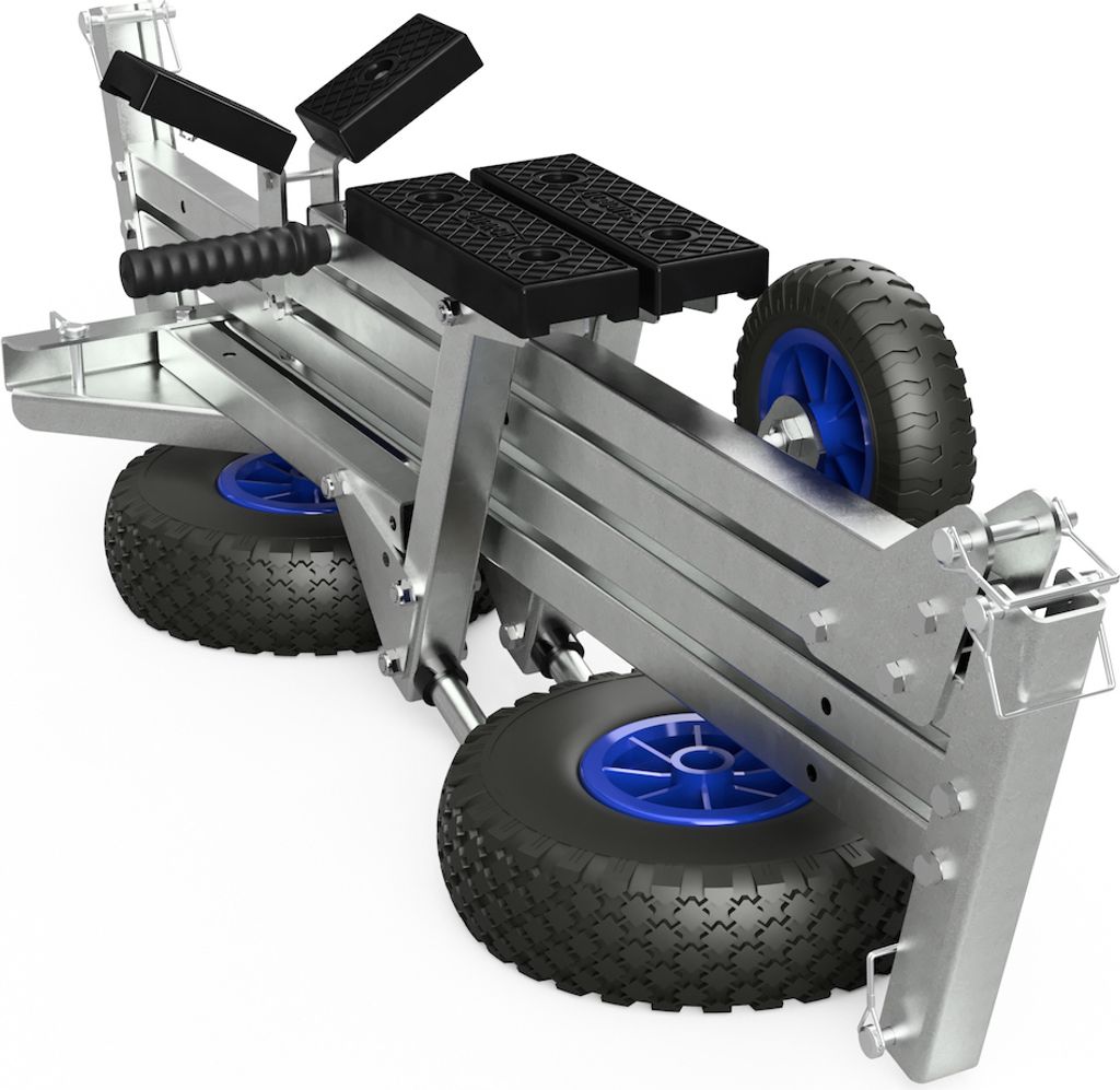 A silver trolley with black padded rests and blue wheels, shown on a white background.