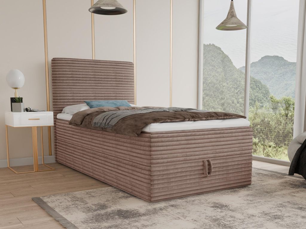 Boxspringbett Mollo Mini mit Bettkasten und Matratzentopper - Einzelbett mit Bonell-Matratze und Topper, Polsterbett in weichem Cordstoff, Bett, Sc...