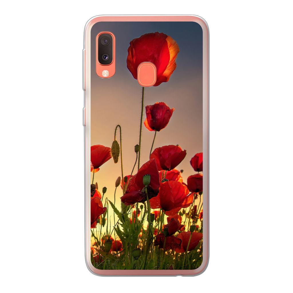 MuchoWow Handyhülle Schutzhülle Hülle für Samsung Galaxy A20e Bunter Himmel über einem Mohnblumenfeld in Dänemark Silikon Softcase Handy H...