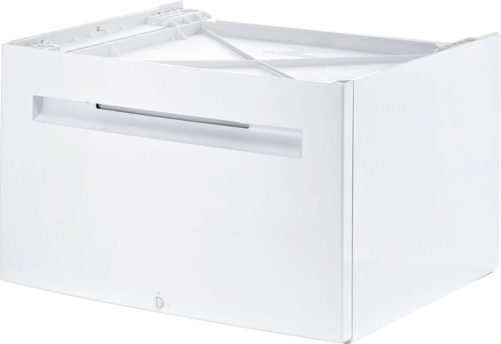 A white pedestal for a dryer.