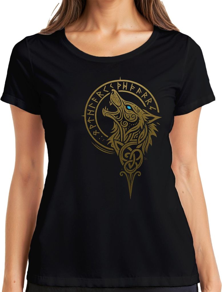 Wikinger Wolf Nordischer Fenrir Runen Wolfskopf Keltisch Gold Damen T-Shirt, Schwarz, 3XL