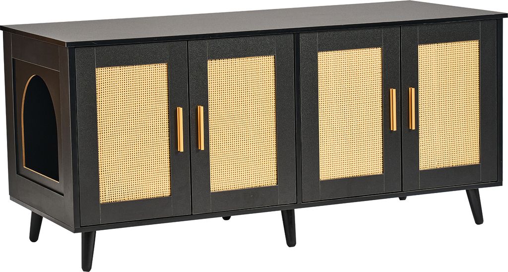 A black wooden cabinet with rattan accents and gold handles, designed to conceal a litter box, is shown against a white background.