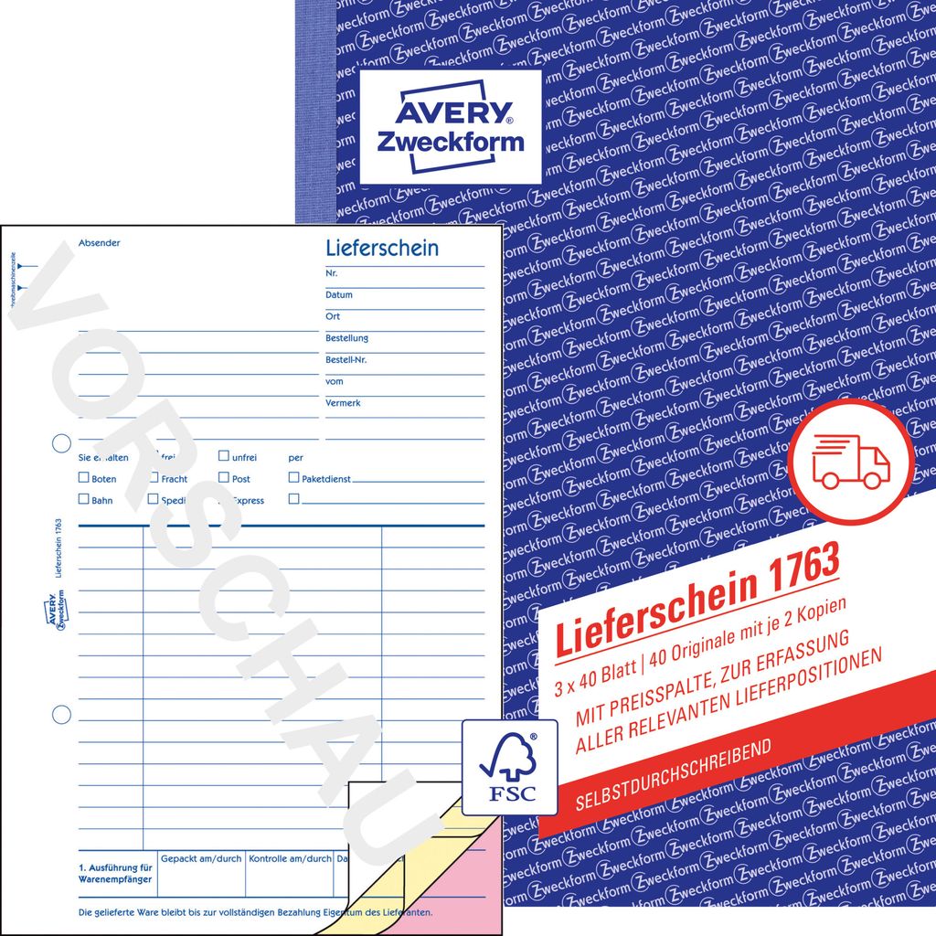 Avery Zweckform 1763, Lieferscheine mit Preisspalte, A5, selbstdurchschreibend, 3x40 Blatt