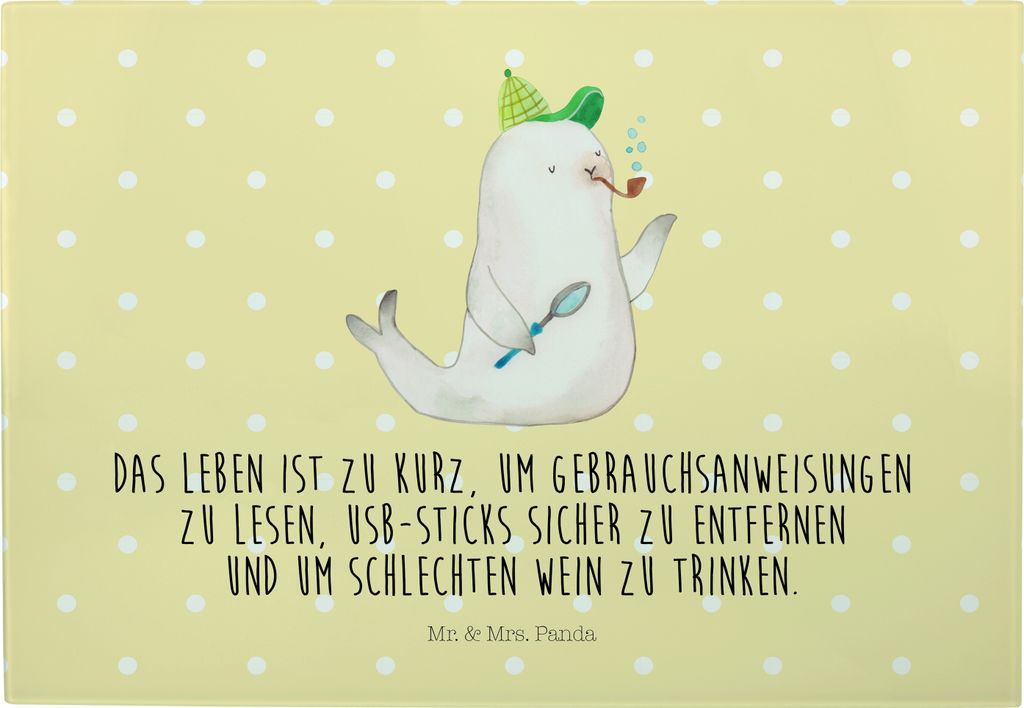 Mr. & Mrs. Panda Schneidebrett Robbe Sherlock - Gelb Pastell - Geschenk, jausenbrett, Lustige Sprüche, Servierplatte, Brotzeitplatte, schneidbrett...