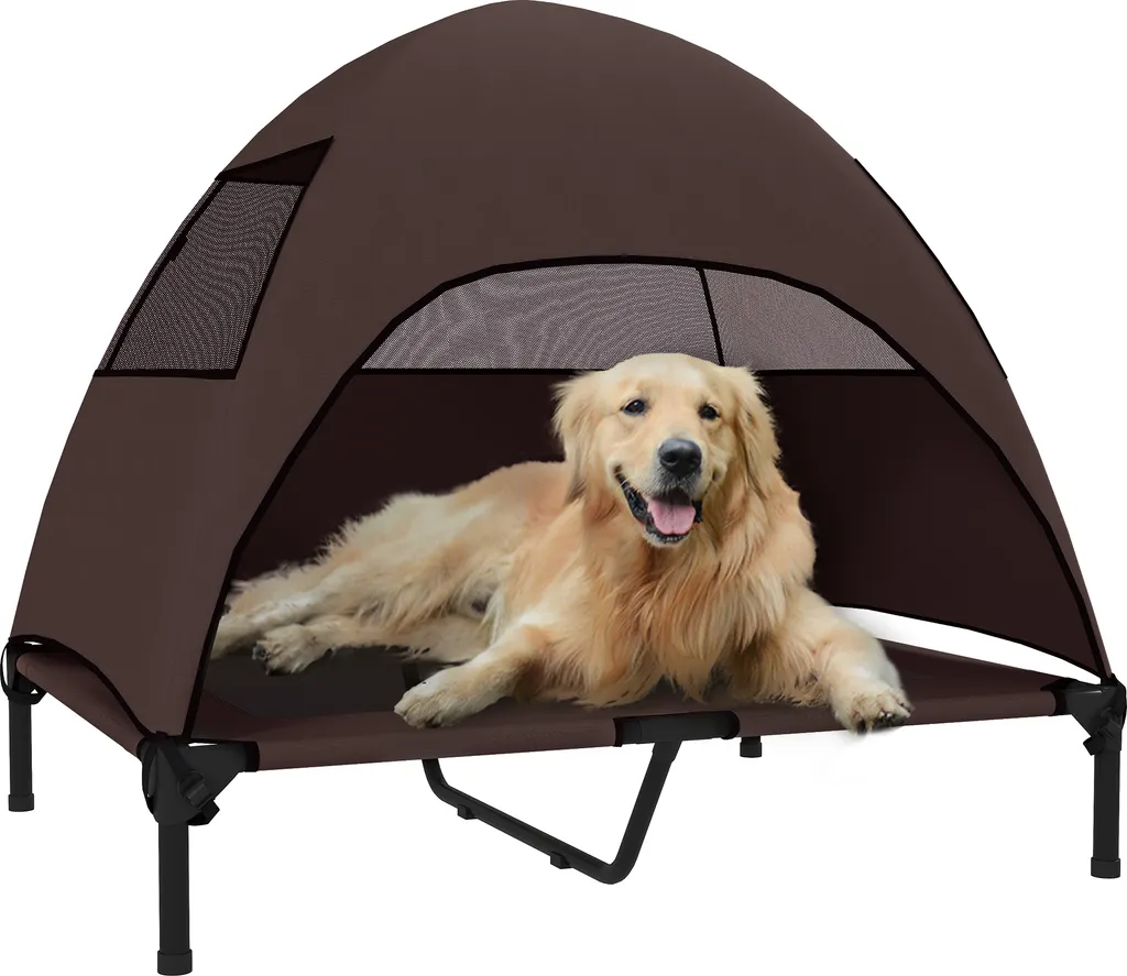 PawHut Lettino per Cani Rialzato con Tetto Esterno 91x76x90cm Caffè