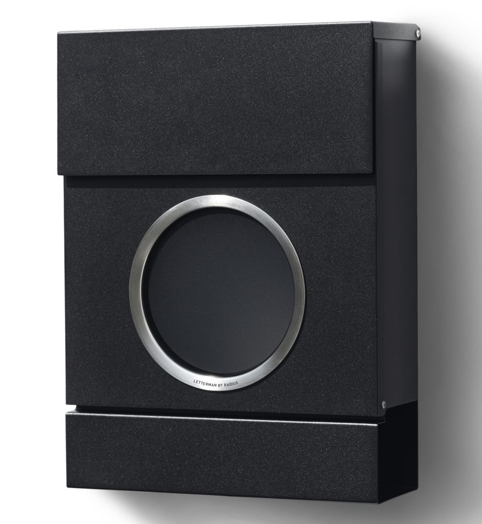 A black mailbox with a circular silver-trimmed window is shown against a white background.