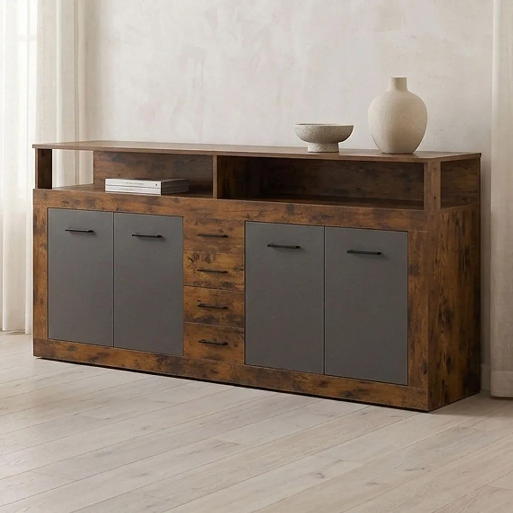 Buffet Bahut Style Industriel Lunata Bois Foncé et Gris de 190 cm