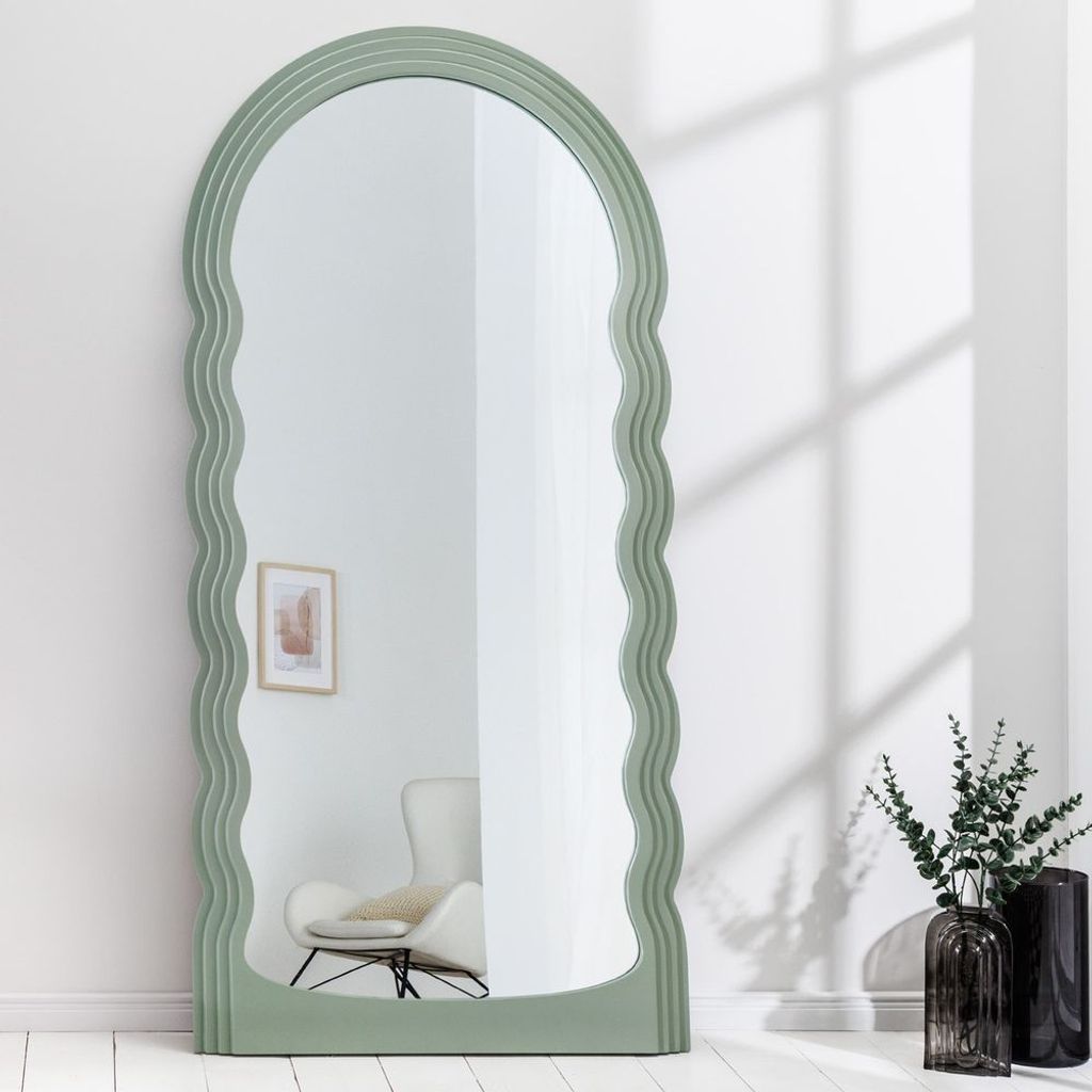 cagü: Art-Deco-Design Wandspiegel PORTE Pastell-Grün Wellenform Rundbogen Fensteroptik 160cm x 80cm