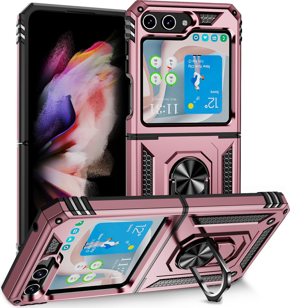 Hülle für Samsung Galaxy Z Flip 5 Dual Layer Militäre Fallschutz Schutzhülle mit Ringhalterung Ständer Roségold
