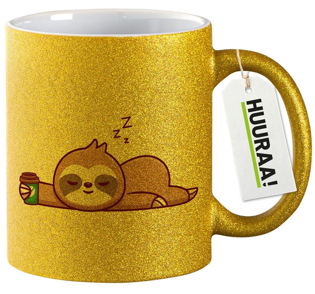 Huuraa Glitzertasse schlafendes Faultier Comic 330ml Gold Keramik Kaffeebecher Geschenkidee