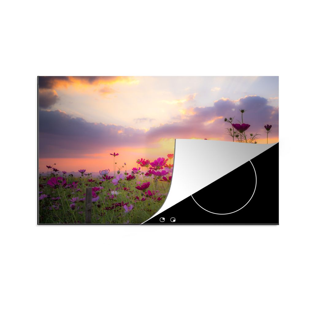KitchenYeah Herdabdeckplatte Blumen - Rosa - Sonnenuntergang - Natur - Wiese - Horizont , 89x51cm, Küche Deko, Glaskeramikkochfeld Herdabdeckung...
