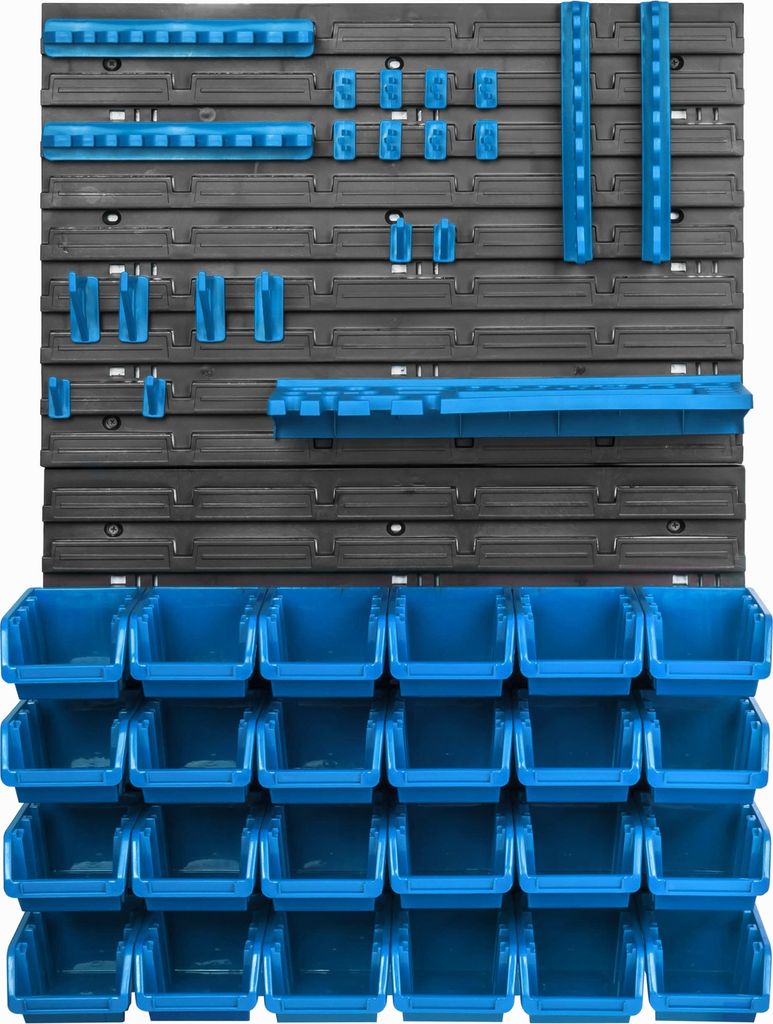 A wall-mounted storage system with multiple shelves and bins, displayed against a white background.