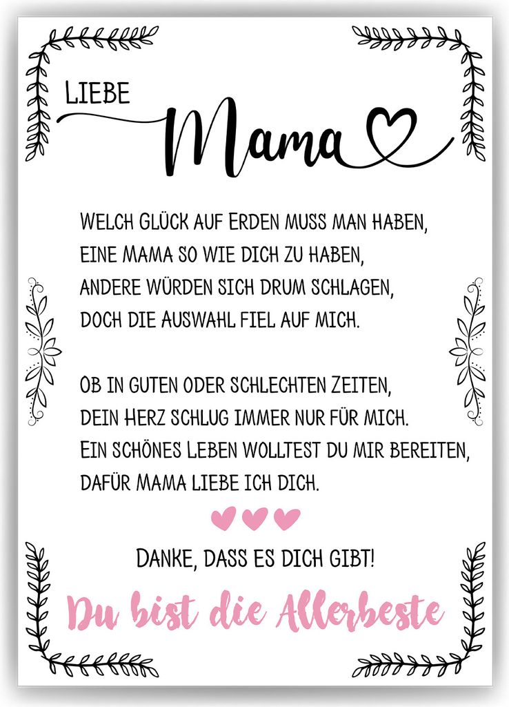 Allerbeste Mama DIN A4 Poster Danksagung Kunstdruck Muttertag Geschenk Dankeschön Beste Mutter Wandbild Mama Geburtstag Weihnachten – DIN A4 (21...