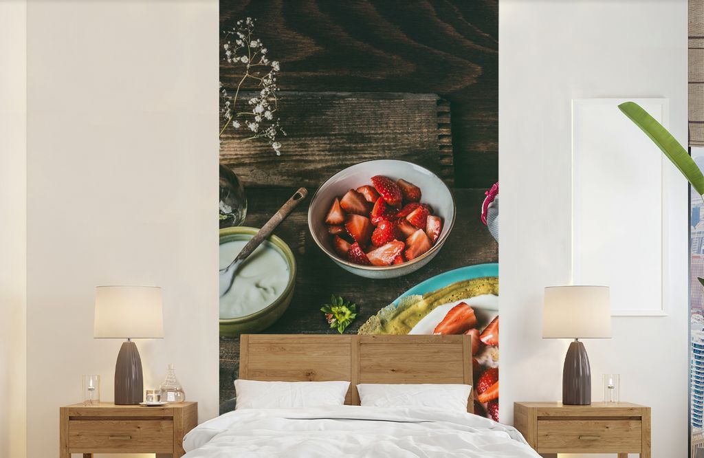 MuchoWow Fototapete für Wohnzimmer oder Schlafzimmer Wandtapete Vinyl Motivtapete Erdbeere - Rustikal - Obst - Rustikale Blumen - 120x240 cm - H...