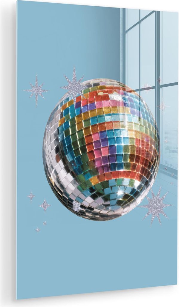 MuchoWow Glasbilder - Bilder auf Wandbild - Foto auf Glas Discokugel - Schimmernde Sterne - Regenbogen 20x30 cm Wanddekoration aus Glas - Acrylglas...