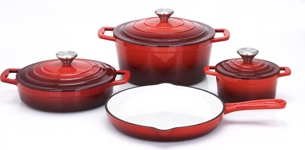 A set of red cast iron cookware, including pots and a frying pan, arranged on a white background.