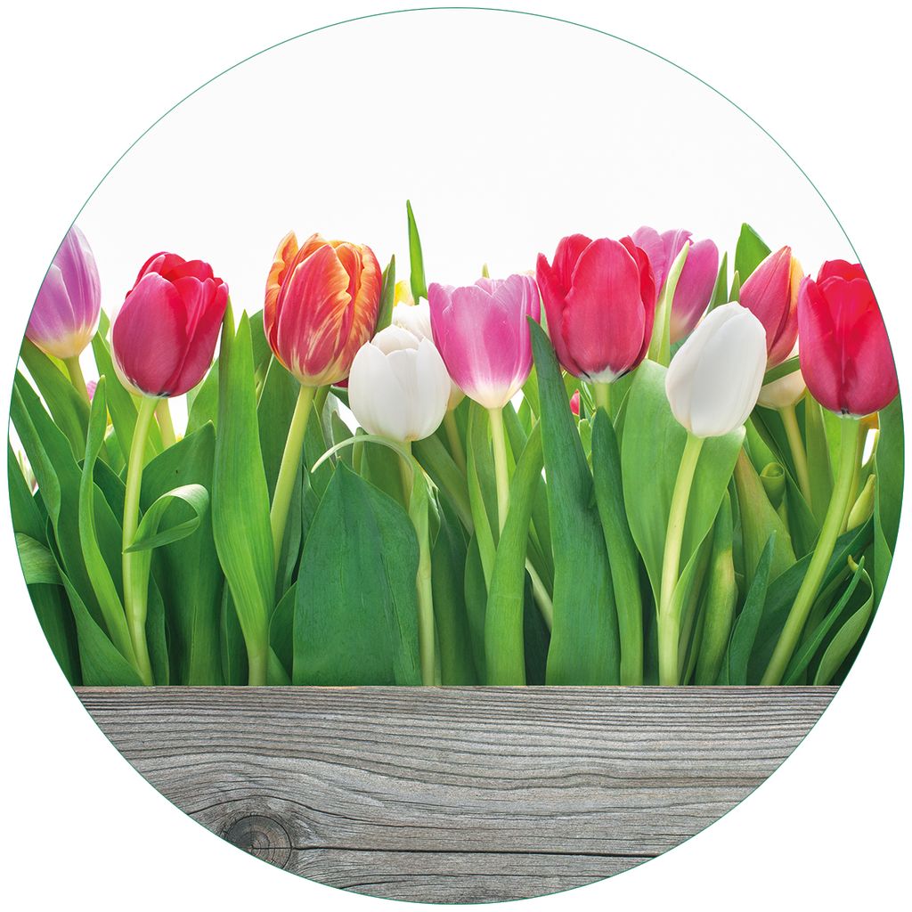 Wallario Premium Glasbild, freischwebende Optik, kräftige Farben, rund 50cm Durchmesser, Motiv Rote weiße und pinke Tulpen im Frühling