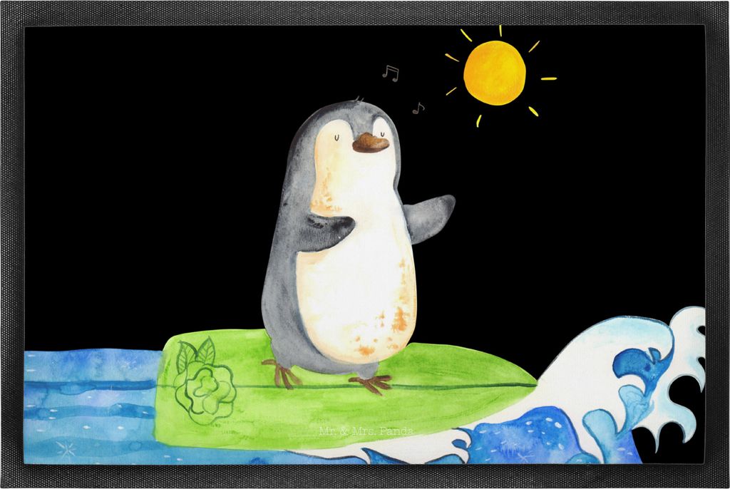 Mr. & Mrs. Panda Gummimatte Pinguin Surfer 60 x 90 cm - Schwarz - Geschenk, Portugal, Schmutzfangmatte, fußmatte, Bodenvorleger, Hawaii, Optimisti...