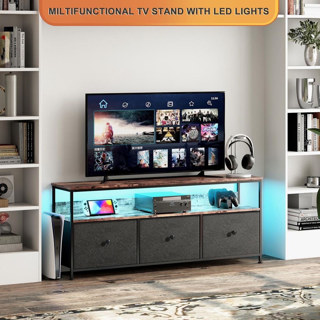108 cm hoher TV-Ständer mit 3 Schubladen, Ablagen, Metallgestell, rechteckig, industrieller Vintage-Stil, Wohnzimmermöbel aus Holz – Schwarz
