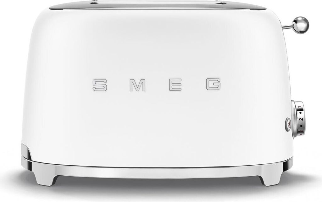 A white Smeg toaster is shown from the front on a white background.
