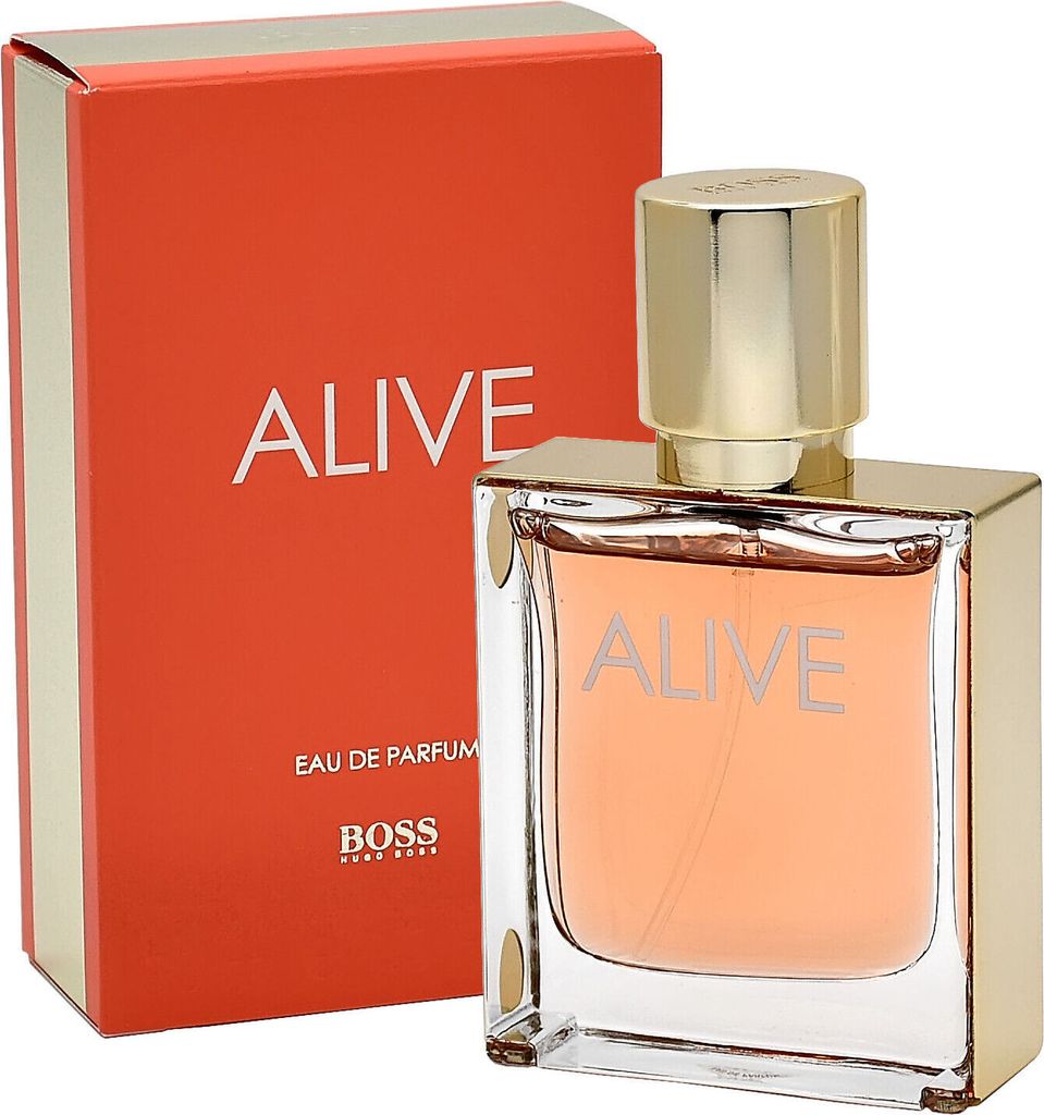A bottle of Hugo Boss Alive Eau De Parfum and its packaging.