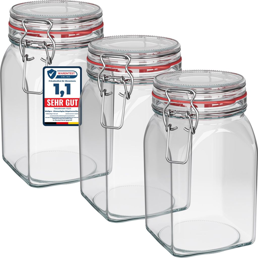WELLGRO Einmachgläser mit Bügelverschluss eckig 1150ml - Produktbild 