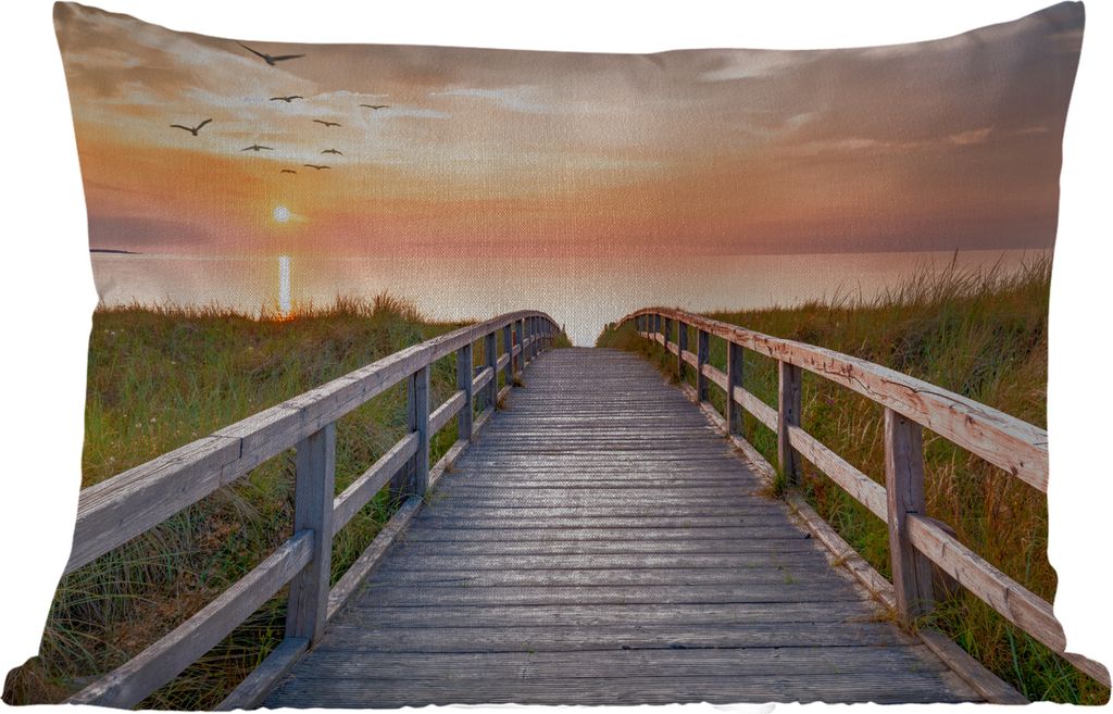 MuchoWow Outdoor Kissen - Sonnenuntergang - Meer - Weg - Gras - Düne - Vögel - 50x30 cm - Wetterfest - Lounge Kissen - Sofa kissen - Wohnzimmer...