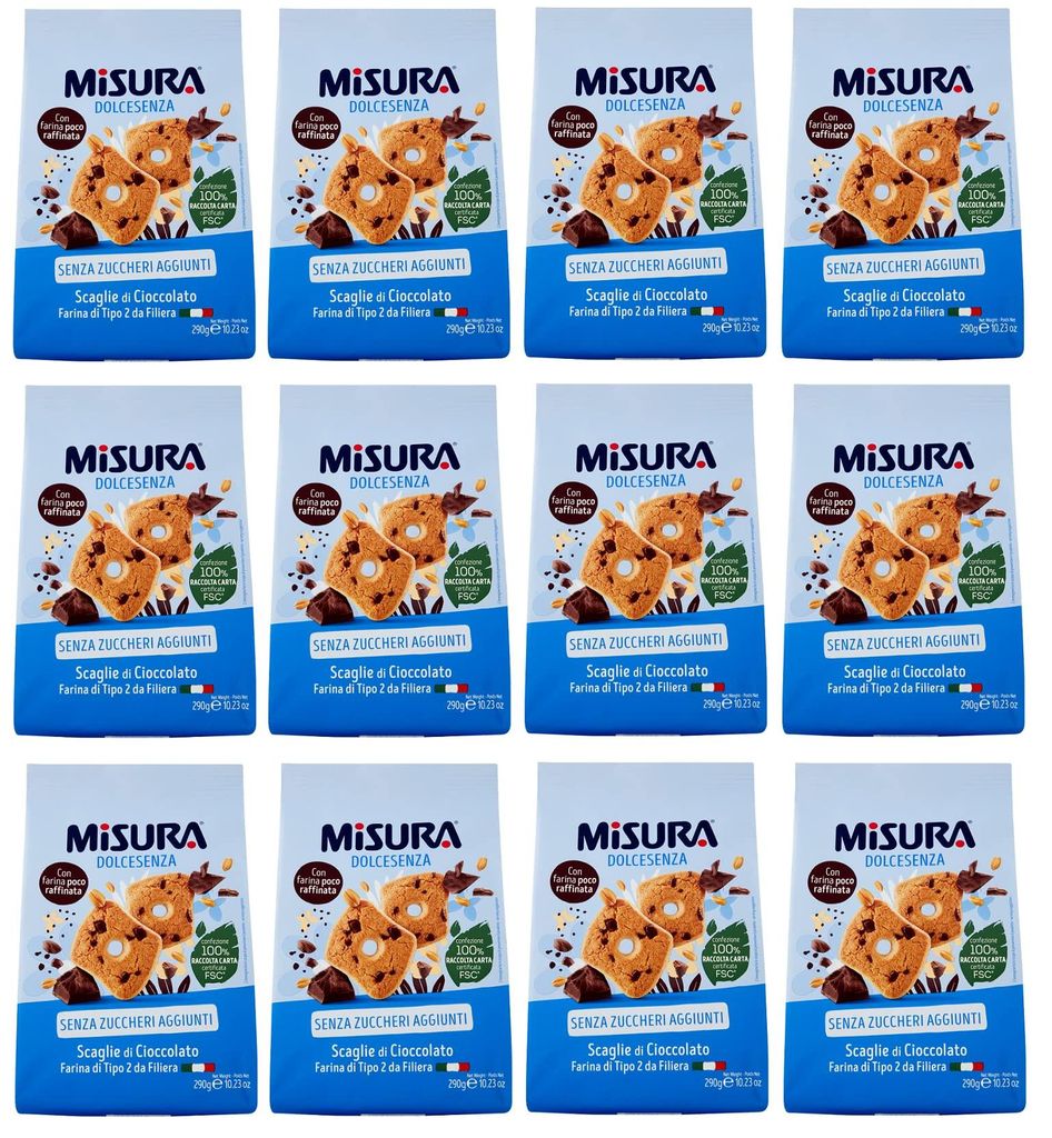 12x Misura Dolcesenza Biscotti con Scaglie di Cioccolato Kekse mit Schokoladenstückchen Ohne Zuckerzusatz Packung mit 290g + Italian Gourmet Polpa...