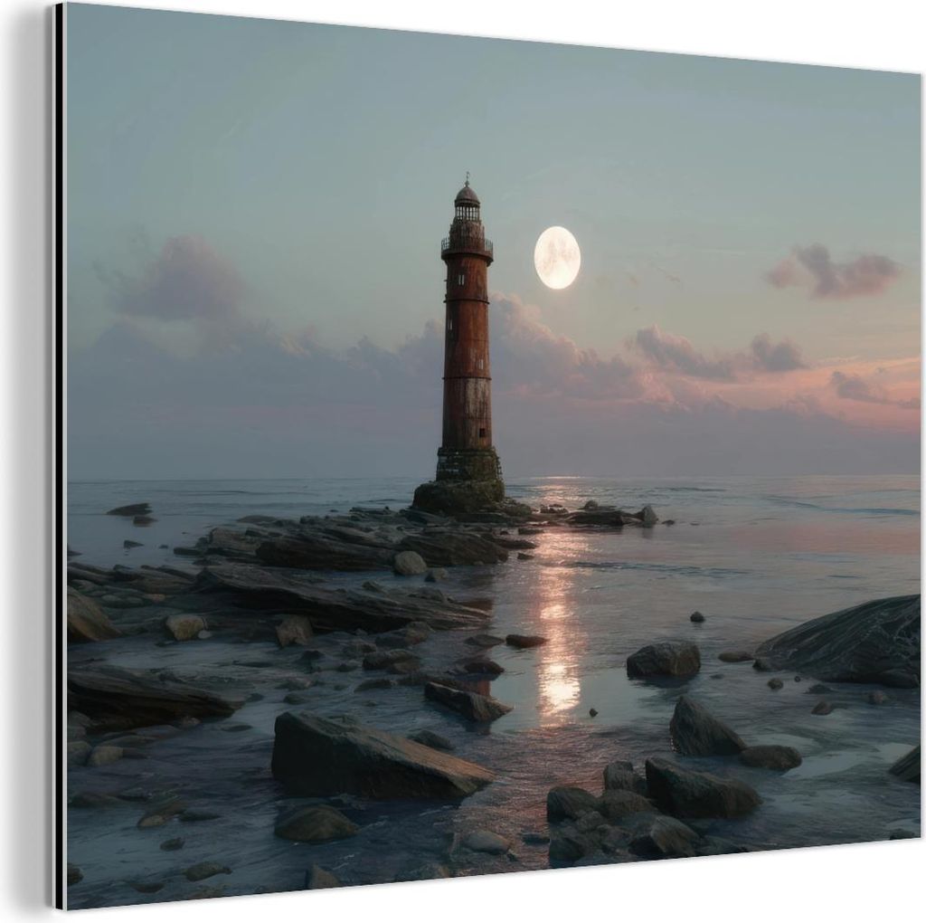 MuchoWow Wanddekoration Metall Metallbild Wandkunst 40x30 cm Leuchtturm - Steine - Wasser - Mond MuchoWow Aluminium Gemälde - Dekoration Wohnzimmer
