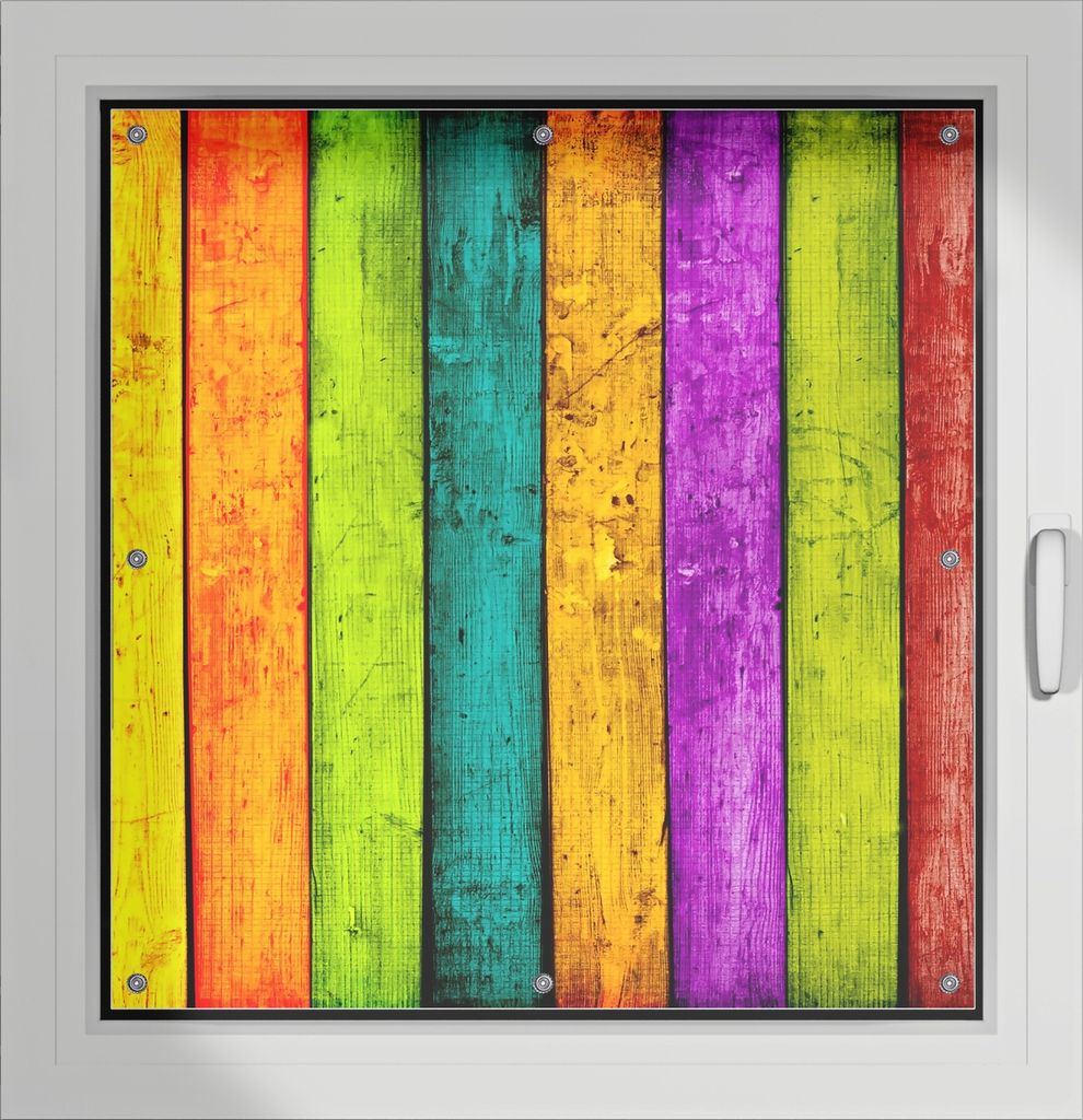 Wallario Lichtschutzbild, Dekorativer Sichtschutz Sonnenschutz 96 x 93 cm mit Motiv: Buntes Holz - bunte Streifen mit Farbe und Holzstruktur - Verd...