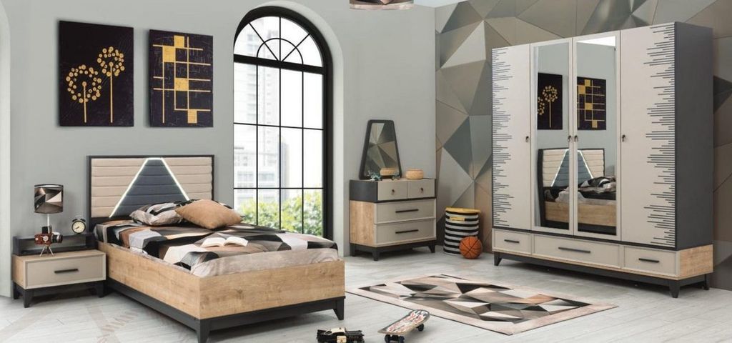 Garnitur Kinderzimmer Bett Schrank Braun Holz Set Jugenbett 5tlg Möbel