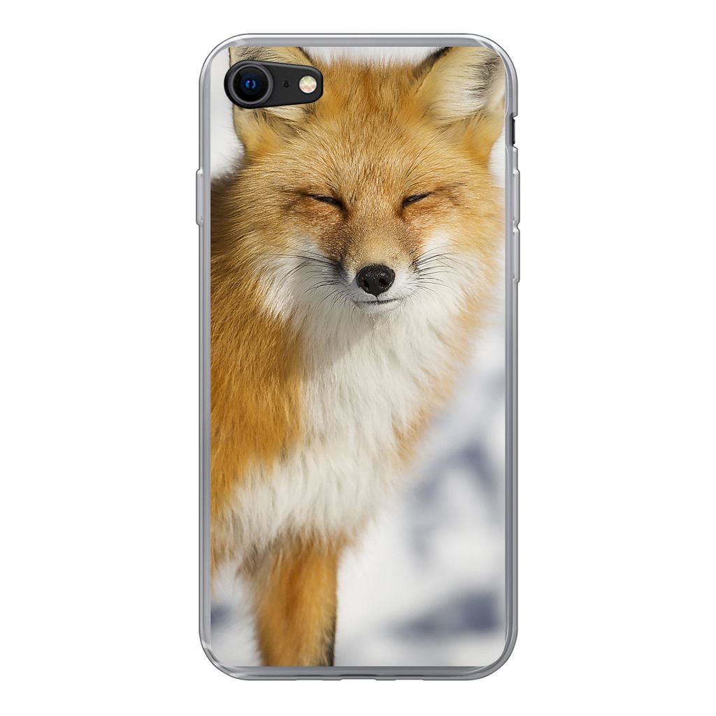 MuchoWow Handyhülle Schutzhülle Hülle für iPhone SE 2020 Fuchs - Schnee - Rot Silikon Softcase Handy Hülle - Kartenbesitzer