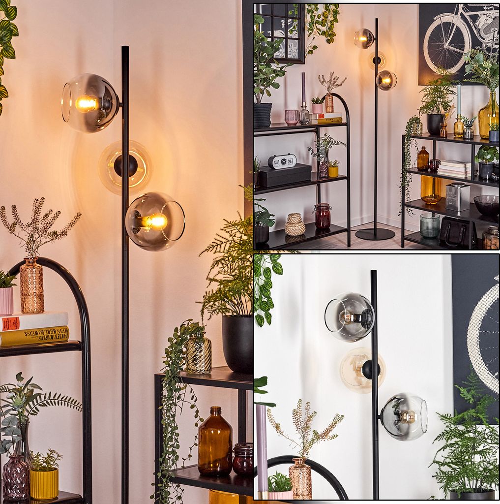 Cesaro Stehlampe aus Metall/Glas, Schwarz/Bernstein/Rauch/Klar m. Fußschalter