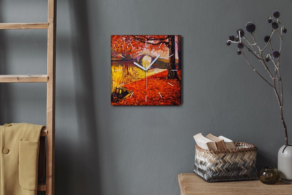 Coloray Hodiny Unikátní 30x30 cm Tiché hodiny Pro obývací pokoj a kuchyň Nástěnné hodiny Plátno Bílé ručičky hodin - Stromy park podzim