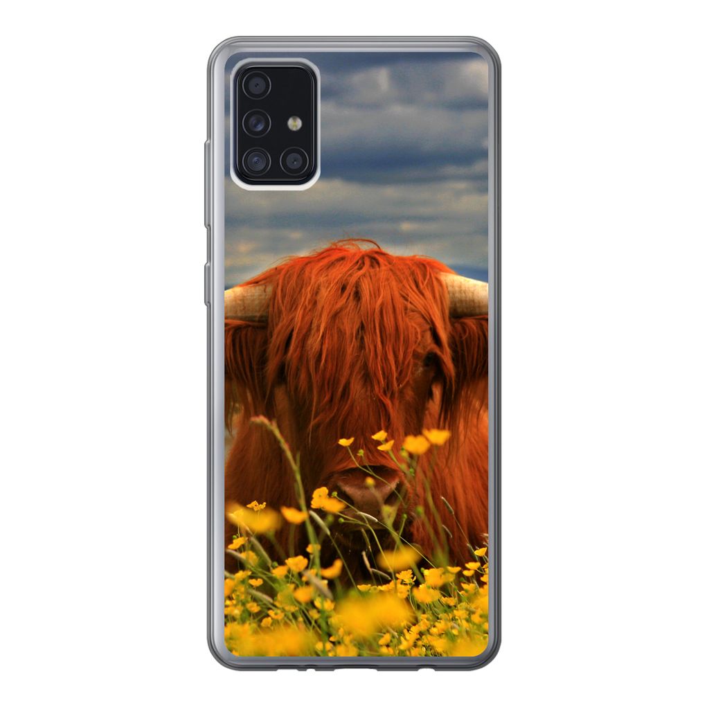MuchoWow Handyhülle Schutzhülle Hülle für Samsung Galaxy A52 5G Schottischer Highlander - Tiere - Blumen Silikon Softcase Handy Hülle - Umsc...