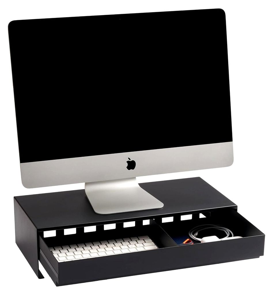 TOWER Monitorständer mit Schublade, schwarz, Stahl / Magnet / Polypropylene / Silikon / Polyester, minimalistisch, 24-41 x 50 x 12,8 cm (L x B x H)