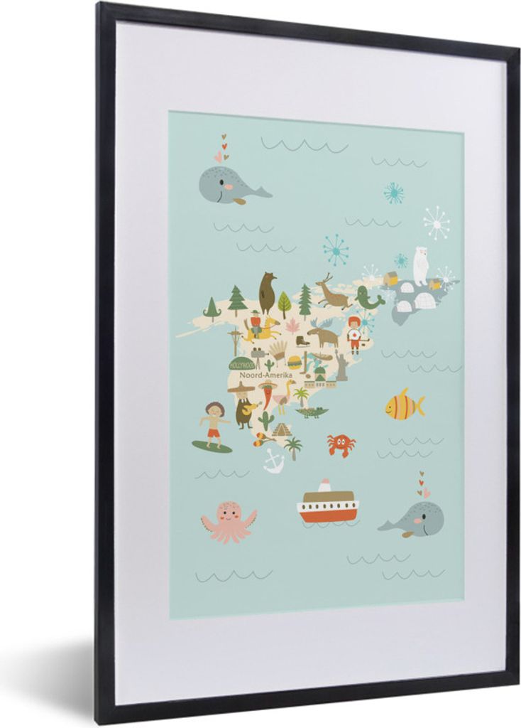 MuchoWow MuchoWow Gerahmtes Poster Weltkarte Kinder - Amerika - Farben 40x60 cm - Poster mit zchwarzem Bilderrahmen - Poster in Rahmen