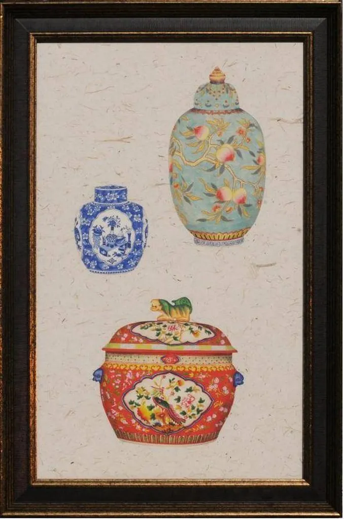 Tableau Chinois Encadré Décoration Murale Pots de Porcelaine 68cm
