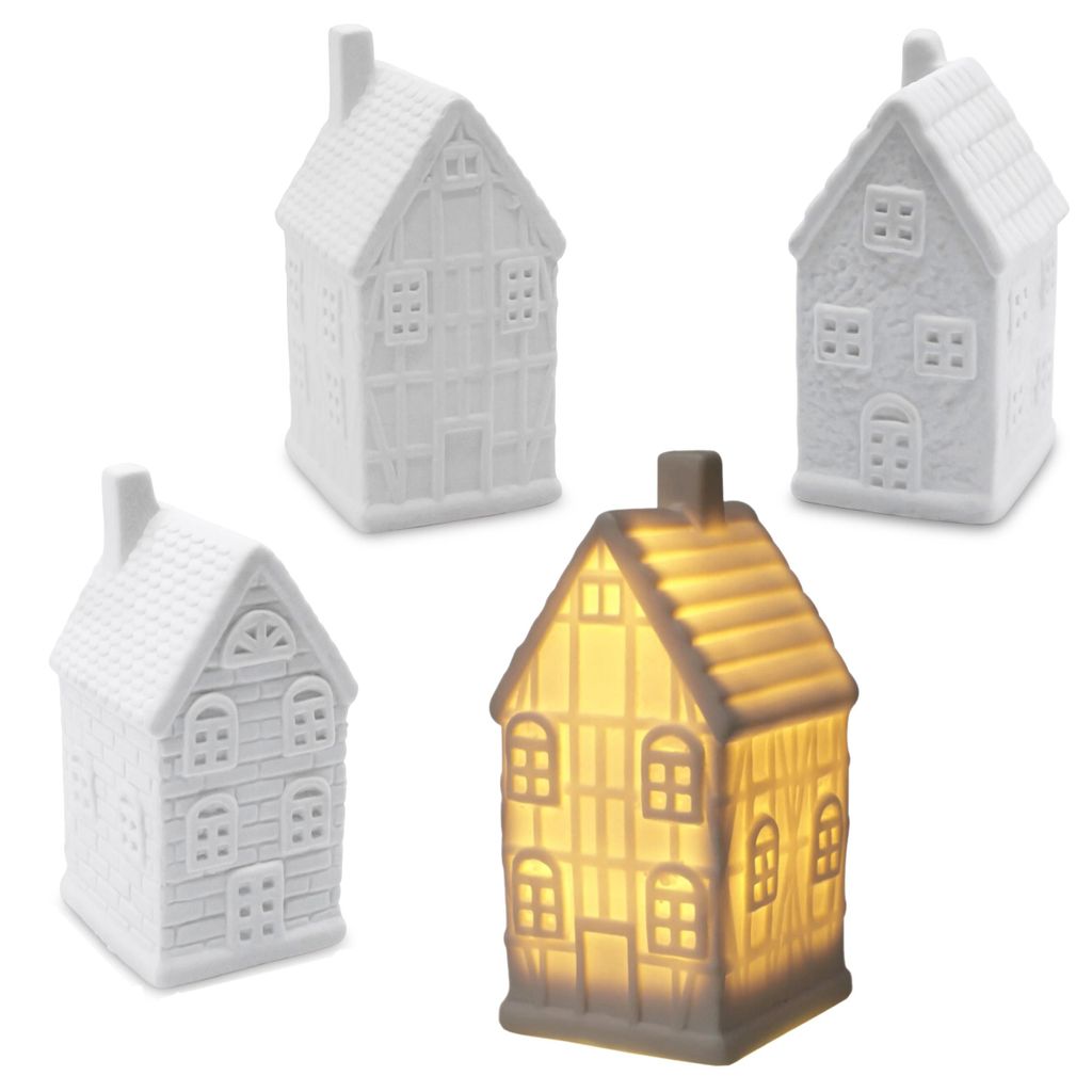 Keramik Haus warm weiß beleuchtet 10 cm - 4er Set - Deko Weihnachtsdorf weiß mit Beleuchtung