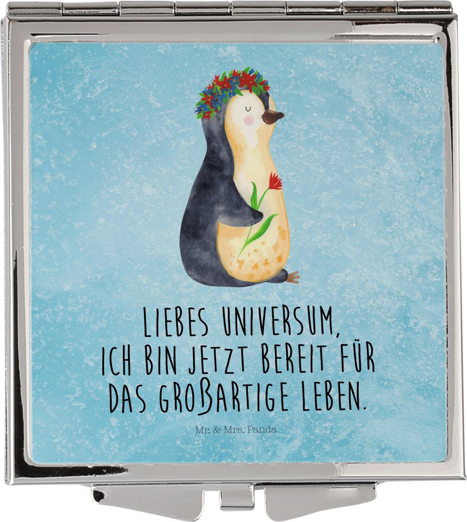 Mr. & Mrs. Panda Frauen Spiegel Pinguin Blumen - Eisblau - Geschenk, Universum, Handspiegel, Klappbarer, Positiv, Schminkspiegel, Taschenspiegel, K...