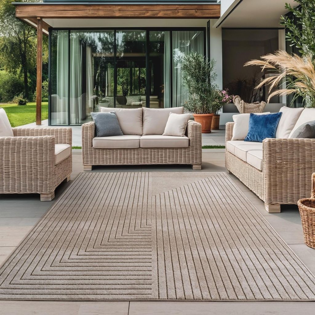 Teppich für drinnen und draußen, geeignet für Wohnzimmer, Schlafzimmer, Wintergarten, kurzflorig, beige, Hoch-Tief-Effekt, 80 x 250 cm